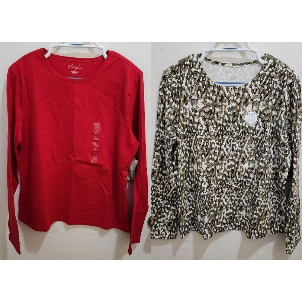 Kim Rogers Red Long Sleeve Tee & Olive Camo-Print Long Sleeve Tee Pair